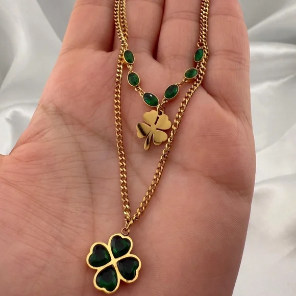 Anthropologie Stainless Steel Gold and Green Clover Necklace Set - Picture 3 of 6